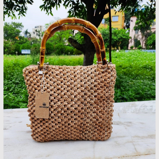 Boho Macrame Bamboo handle Handbag