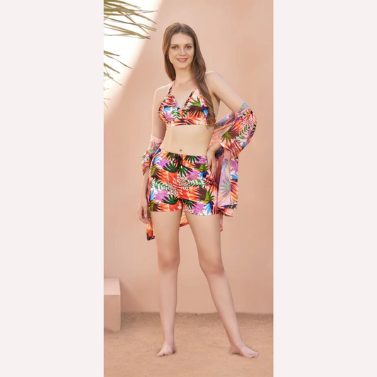 Woman Rust Tropical Printed Short Bralette Beachwear Shurg Set