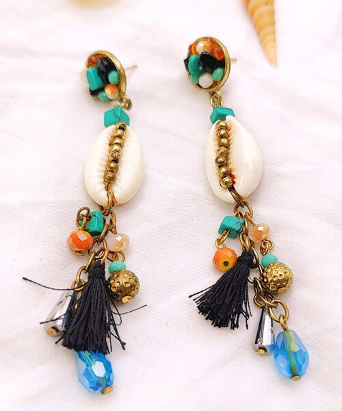 Turquoise Mix Boho Shell Tassel Earrings