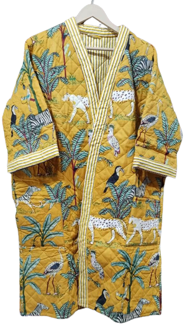 Quilted cotton puffer kimono jacket for winters Yellow